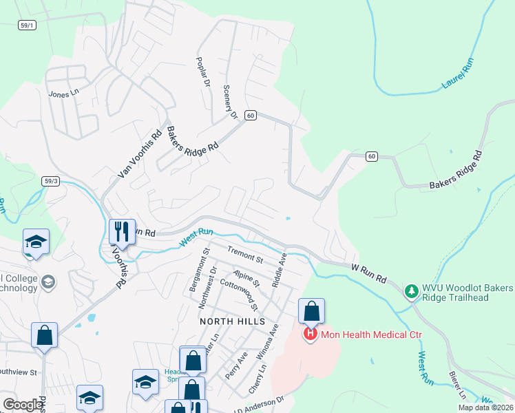map of restaurants, bars, coffee shops, grocery stores, and more near 201 Raven Run in Morgantown