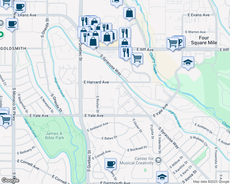 map of restaurants, bars, coffee shops, grocery stores, and more near 2575 South Syracuse Way in Denver