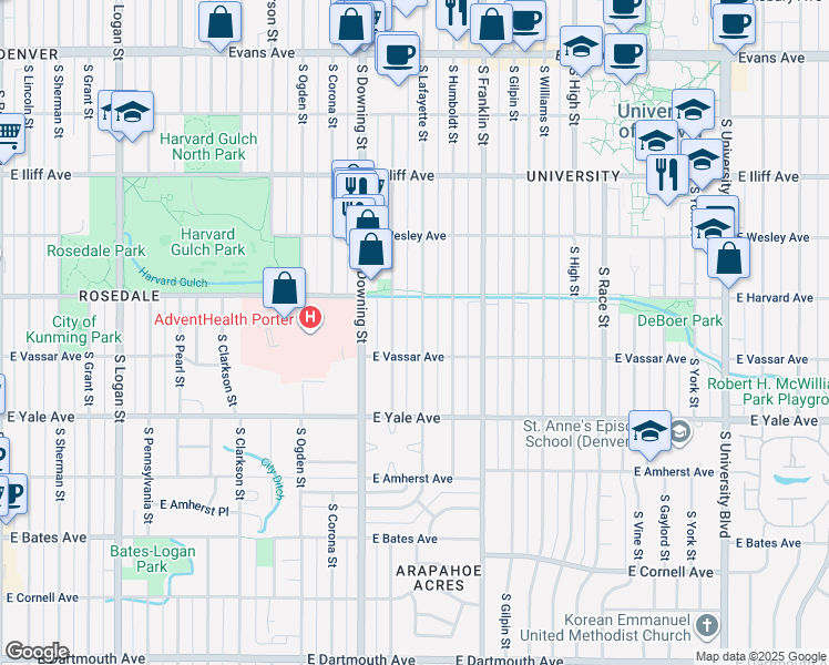 map of restaurants, bars, coffee shops, grocery stores, and more near 2545 South Lafayette Street in Denver