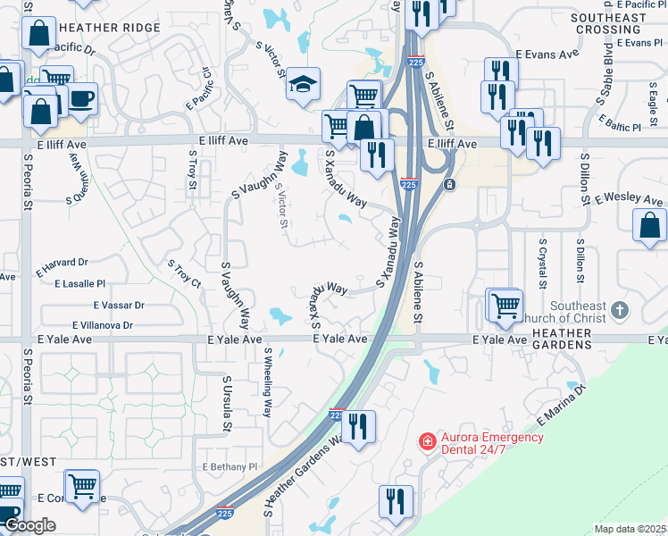 map of restaurants, bars, coffee shops, grocery stores, and more near 2635 South Xanadu Way in Aurora