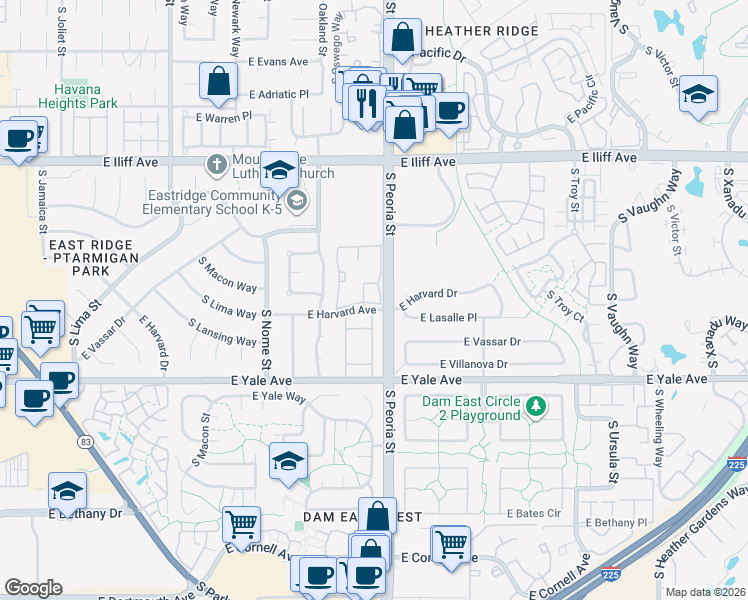 map of restaurants, bars, coffee shops, grocery stores, and more near 11905 East Harvard Avenue in Aurora