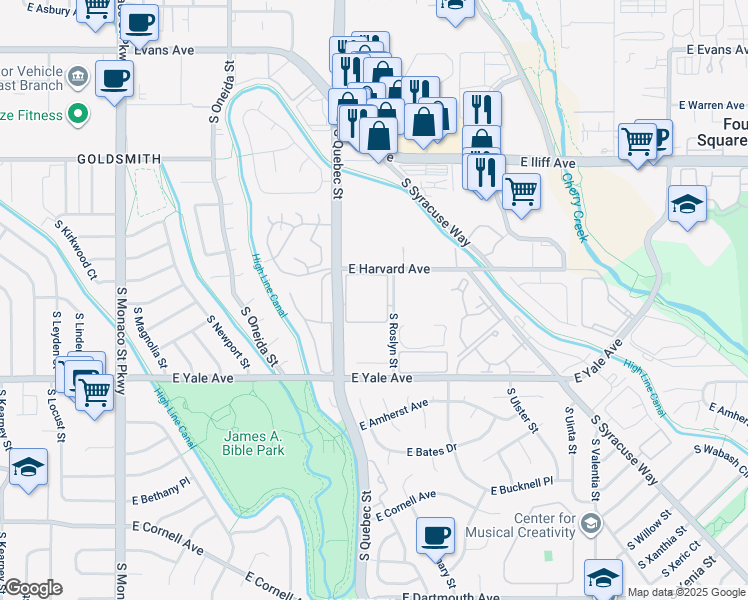 map of restaurants, bars, coffee shops, grocery stores, and more near 7300 East Harvard Avenue in Denver