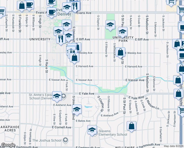 map of restaurants, bars, coffee shops, grocery stores, and more near 2536 South Columbine Street in Denver
