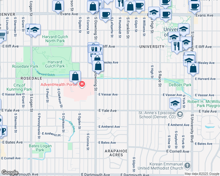 map of restaurants, bars, coffee shops, grocery stores, and more near 2545 South Lafayette Street in Denver
