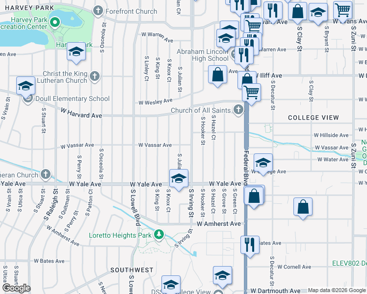 map of restaurants, bars, coffee shops, grocery stores, and more near 2595 South Irving Street in Denver