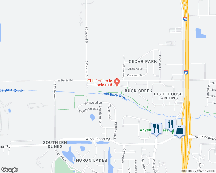 map of restaurants, bars, coffee shops, grocery stores, and more near 2835 Redland Lane in Indianapolis