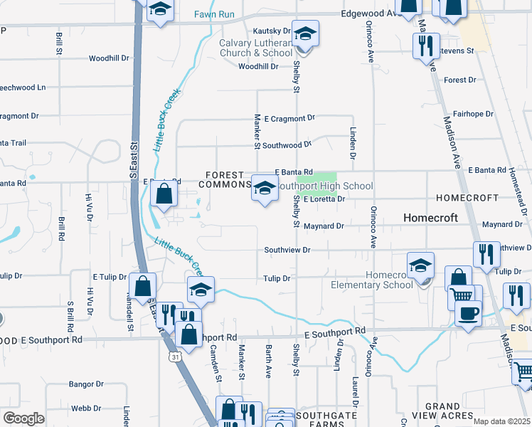 map of restaurants, bars, coffee shops, grocery stores, and more near 971 East Banta Road in Indianapolis