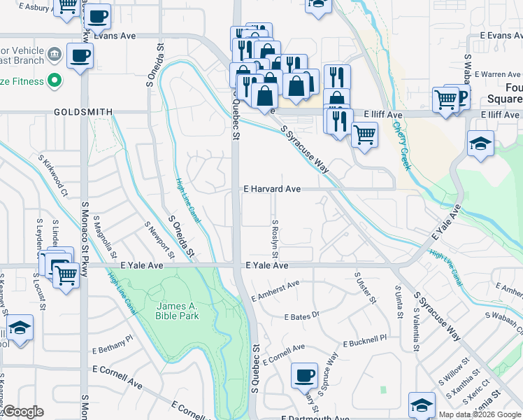 map of restaurants, bars, coffee shops, grocery stores, and more near 7300 East Harvard Avenue in Denver