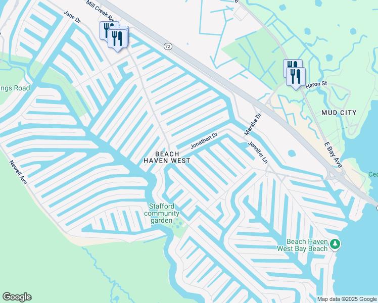 map of restaurants, bars, coffee shops, grocery stores, and more near 33 Jonathan Drive in Stafford Township
