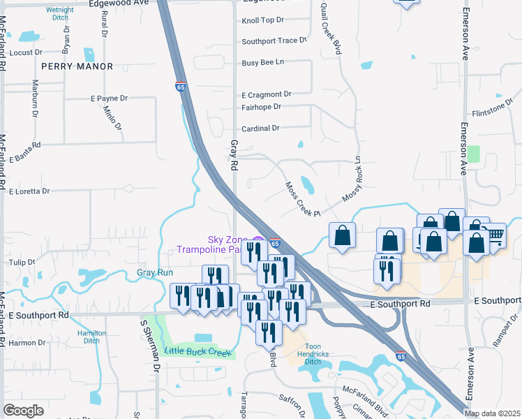 map of restaurants, bars, coffee shops, grocery stores, and more near 4210 Moss Ridge Court in Indianapolis