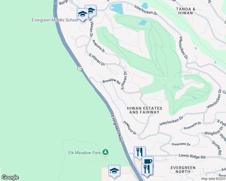 map of restaurants, bars, coffee shops, grocery stores, and more near 2459 Medinah Drive in Evergreen
