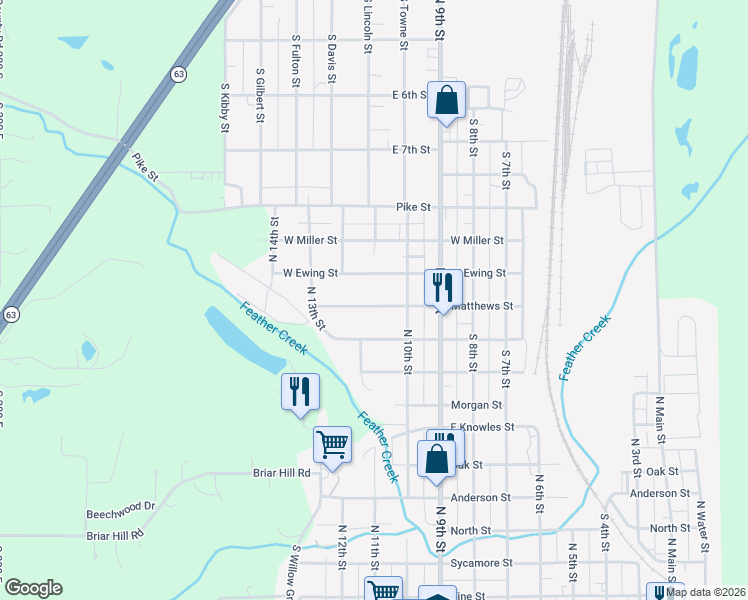 map of restaurants, bars, coffee shops, grocery stores, and more near 1101 Matthews Street in Clinton