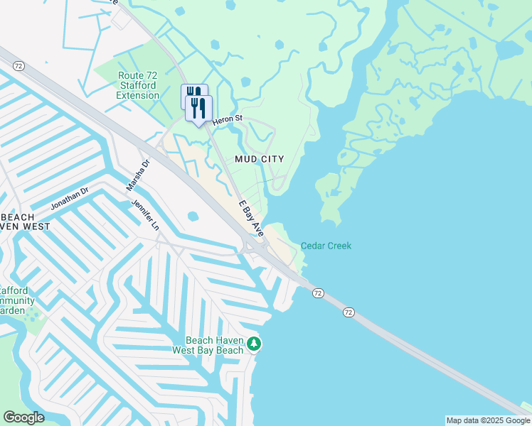 map of restaurants, bars, coffee shops, grocery stores, and more near 1336 Avenue A in Stafford Township