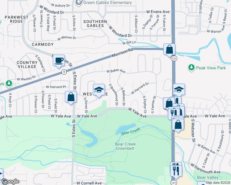 map of restaurants, bars, coffee shops, grocery stores, and more near 8320 West Harvard Drive in Lakewood