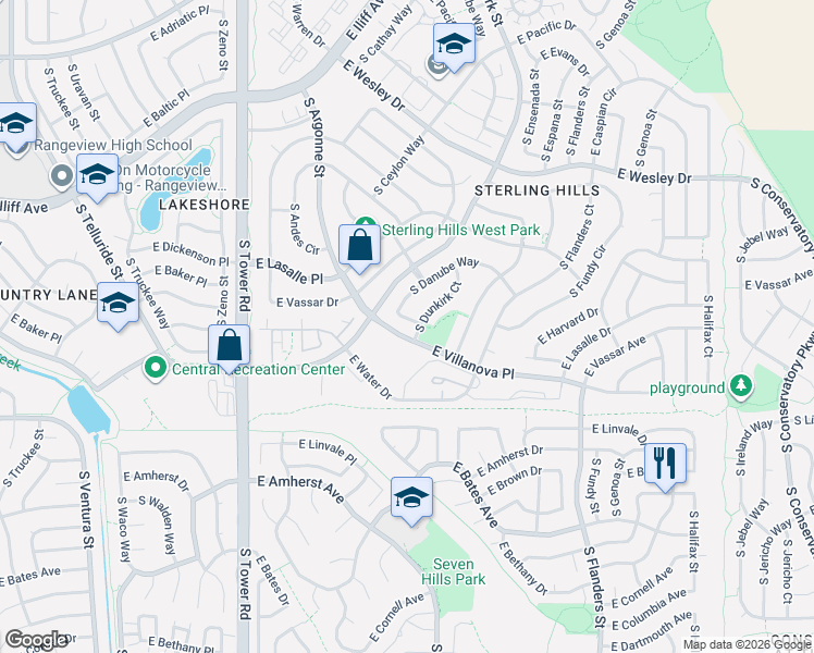 map of restaurants, bars, coffee shops, grocery stores, and more near 2647 South Danube Way in Aurora