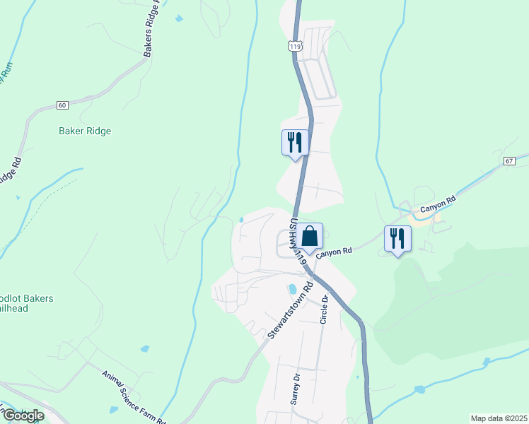 map of restaurants, bars, coffee shops, grocery stores, and more near 2058 Pinecrest Drive in Morgantown