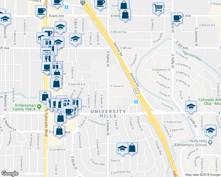 map of restaurants, bars, coffee shops, grocery stores, and more near 2540 South Dahlia Street in Denver