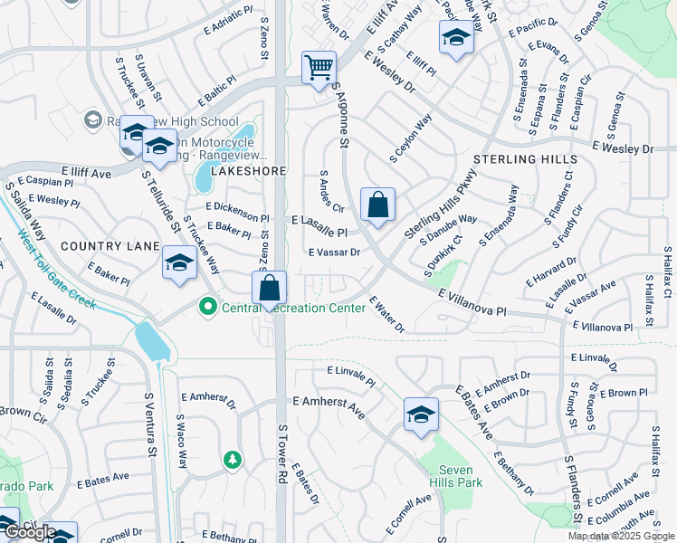 map of restaurants, bars, coffee shops, grocery stores, and more near 18781 East Water Drive in Aurora