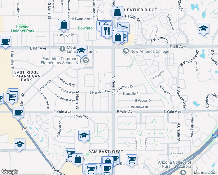 map of restaurants, bars, coffee shops, grocery stores, and more near 11905 East Harvard Avenue in Aurora
