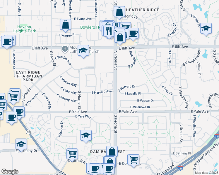 map of restaurants, bars, coffee shops, grocery stores, and more near 11905 East Harvard Avenue in Aurora