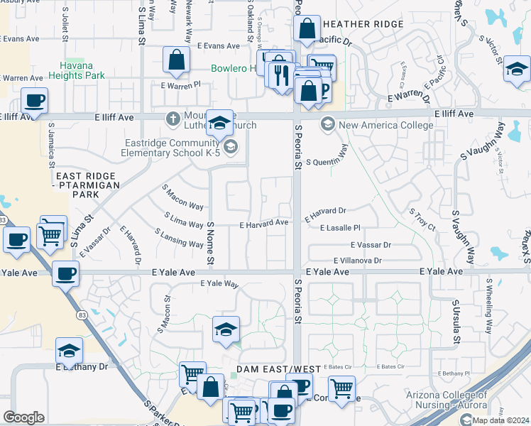 map of restaurants, bars, coffee shops, grocery stores, and more near 11905 East Harvard Avenue in Aurora