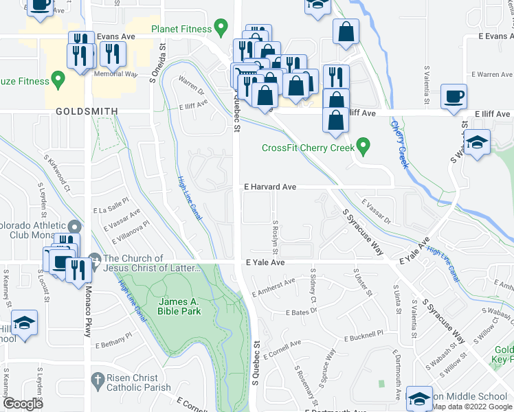 map of restaurants, bars, coffee shops, grocery stores, and more near 7300 East Harvard Avenue in Denver