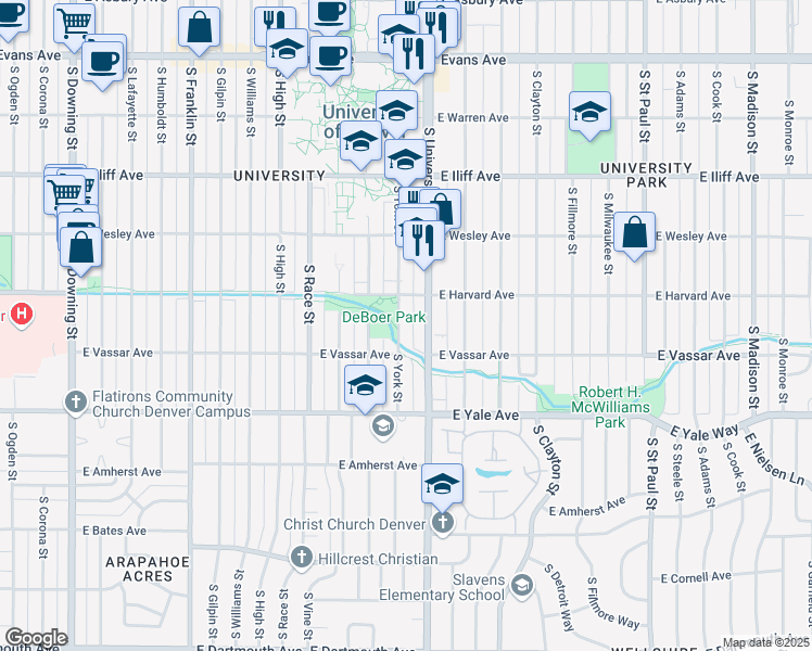 map of restaurants, bars, coffee shops, grocery stores, and more near in Denver