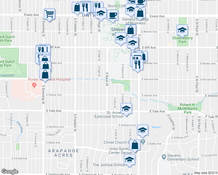 map of restaurants, bars, coffee shops, grocery stores, and more near 2536 South Race Street in Denver