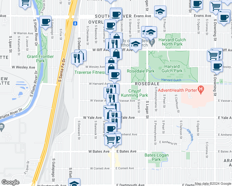 map of restaurants, bars, coffee shops, grocery stores, and more near 2543 South Lincoln Street in Denver