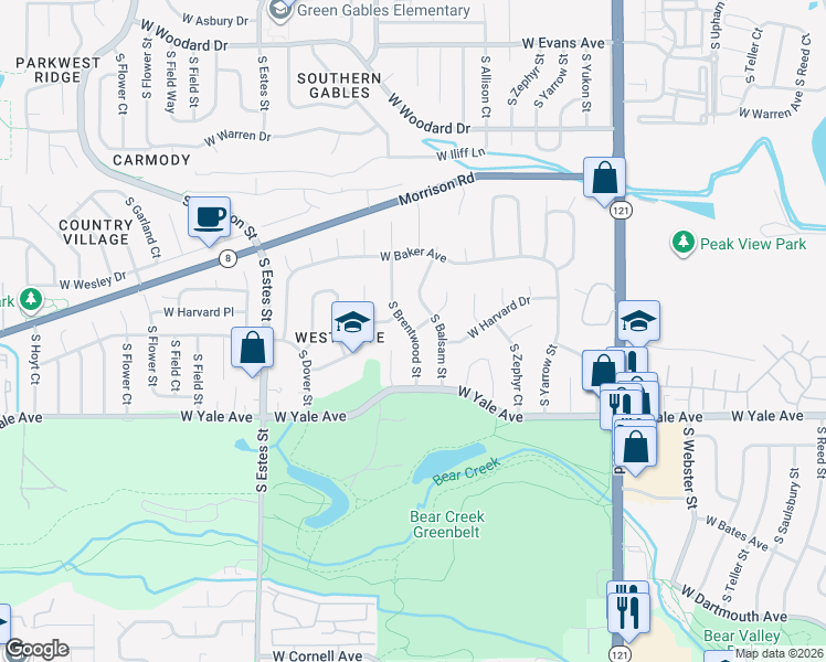 map of restaurants, bars, coffee shops, grocery stores, and more near 8320 West Harvard Drive in Lakewood