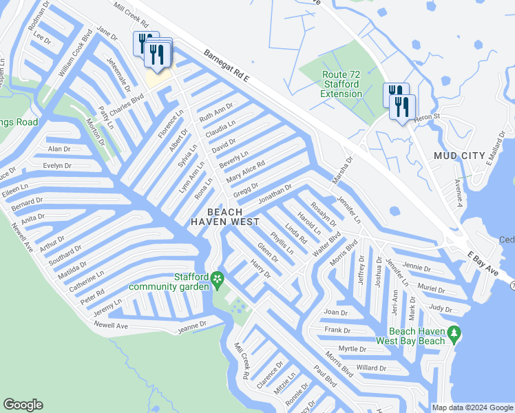 map of restaurants, bars, coffee shops, grocery stores, and more near 37 Jonathan Drive in Stafford Township