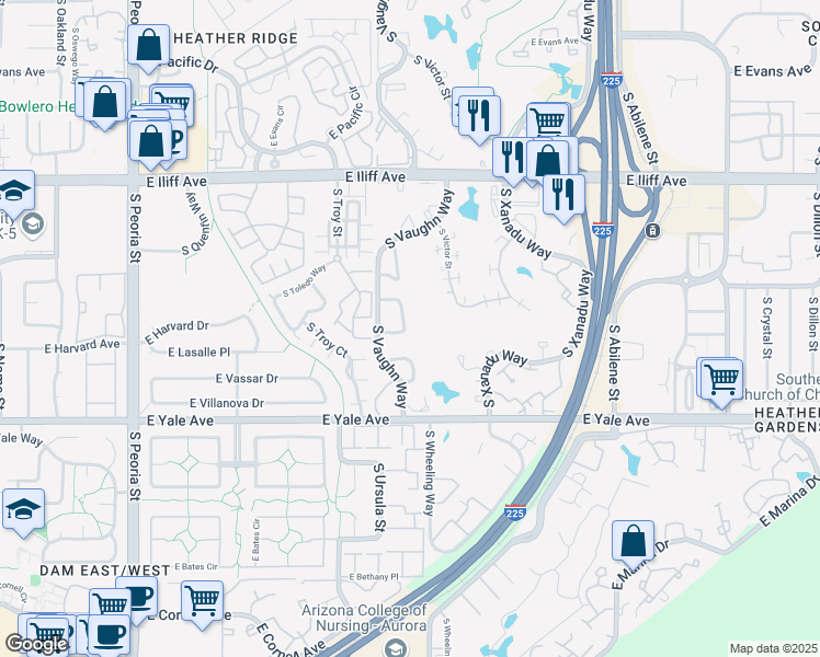 map of restaurants, bars, coffee shops, grocery stores, and more near 2568 South Vaughn Way in Aurora