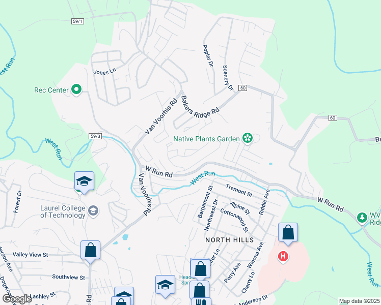 map of restaurants, bars, coffee shops, grocery stores, and more near 5000 Station Street in Morgantown