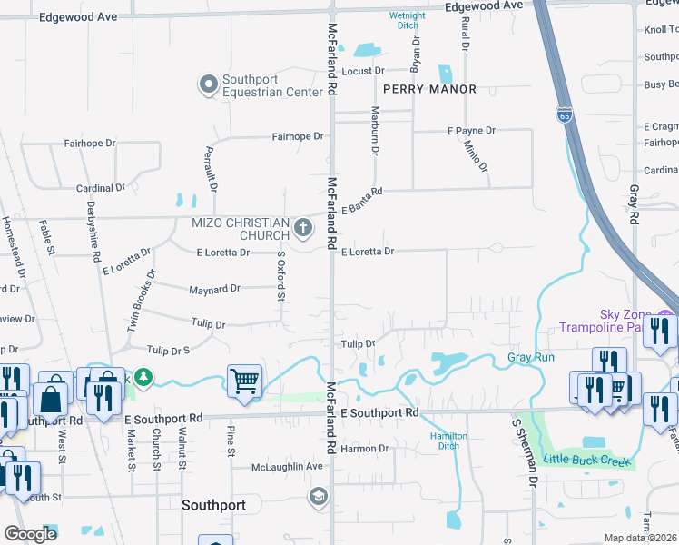map of restaurants, bars, coffee shops, grocery stores, and more near 6641 McFarland Road in Indianapolis