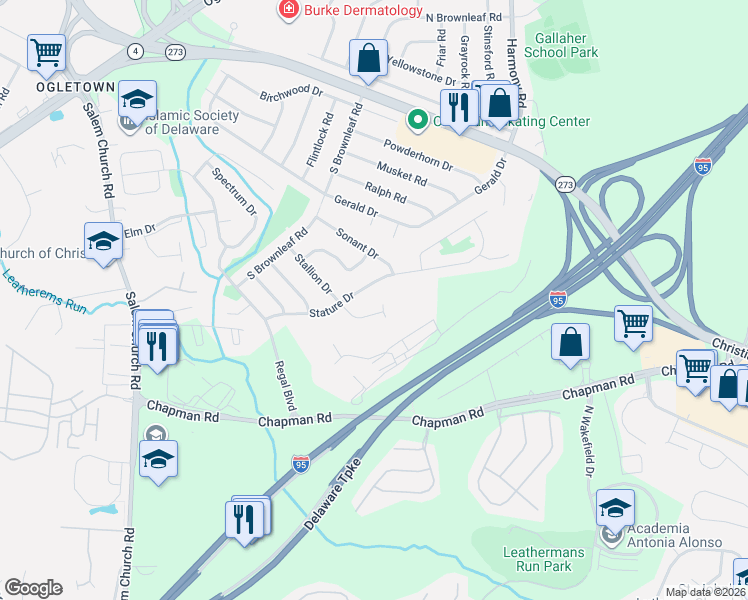 map of restaurants, bars, coffee shops, grocery stores, and more near 45 Stallion Drive in Newark