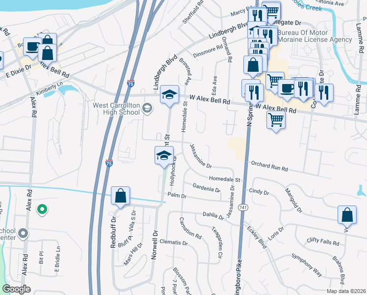 map of restaurants, bars, coffee shops, grocery stores, and more near 5853 Homedale Street in Dayton
