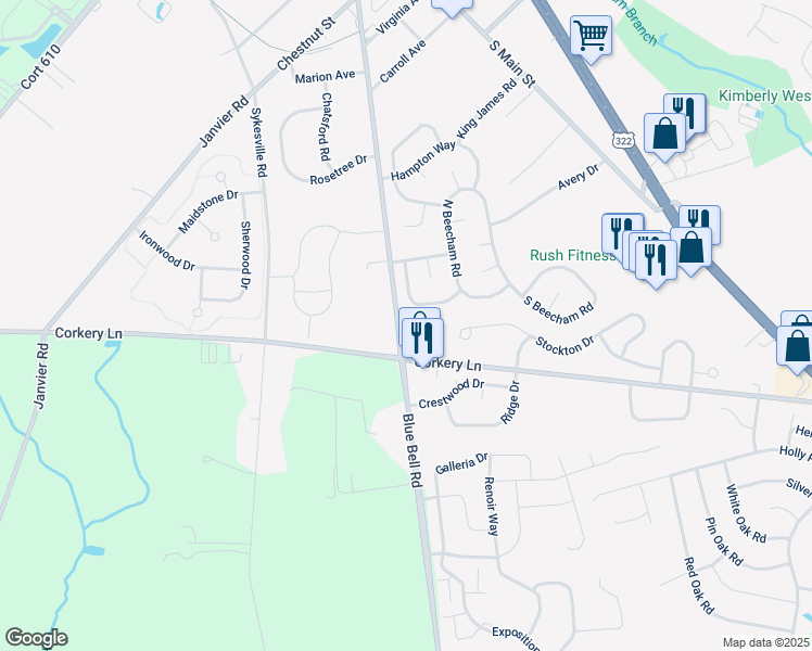 map of restaurants, bars, coffee shops, grocery stores, and more near 972 Blue Bell Road in Monroe