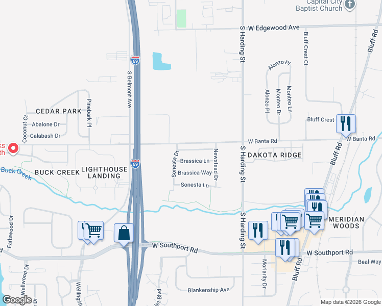 map of restaurants, bars, coffee shops, grocery stores, and more near 1801 Sonesta Way in Indianapolis