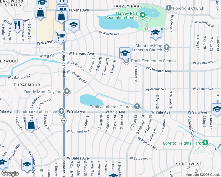 map of restaurants, bars, coffee shops, grocery stores, and more near 4520 West Vassar Avenue in Denver