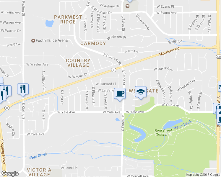 map of restaurants, bars, coffee shops, grocery stores, and more near 8933 West La Salle Avenue in Lakewood