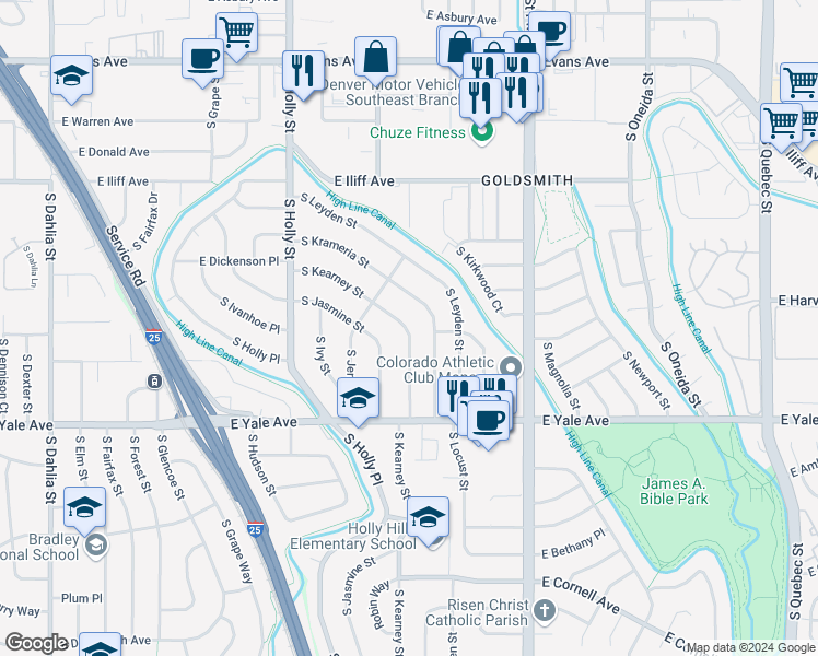 map of restaurants, bars, coffee shops, grocery stores, and more near 2532 South Kearney Street in Denver