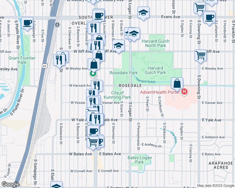 map of restaurants, bars, coffee shops, grocery stores, and more near 200 East Harvard Avenue in Denver