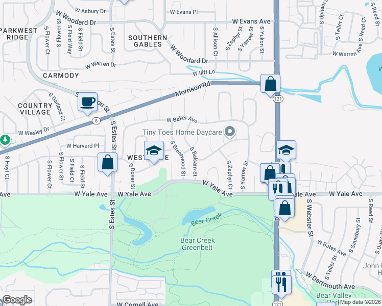 map of restaurants, bars, coffee shops, grocery stores, and more near 2553 South Balsam Street in Lakewood