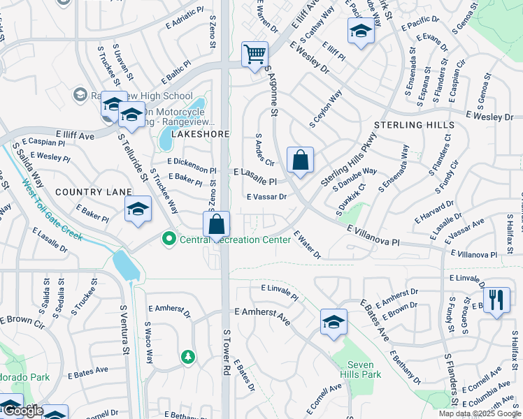 map of restaurants, bars, coffee shops, grocery stores, and more near 18701 East Water Drive in Aurora