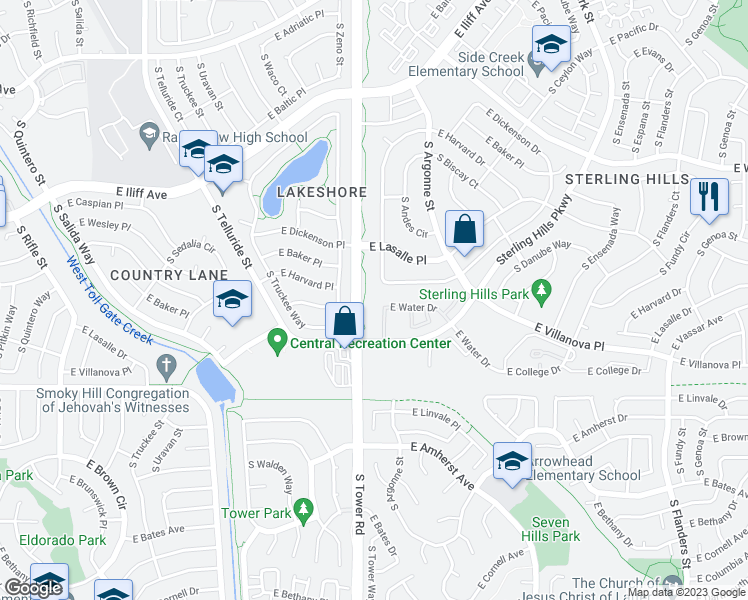 map of restaurants, bars, coffee shops, grocery stores, and more near 18641 East Water Drive in Aurora