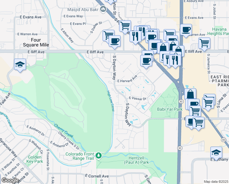 map of restaurants, bars, coffee shops, grocery stores, and more near in Denver