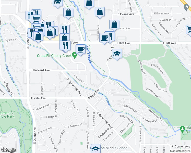 map of restaurants, bars, coffee shops, grocery stores, and more near 8250 East Harvard Avenue in Denver