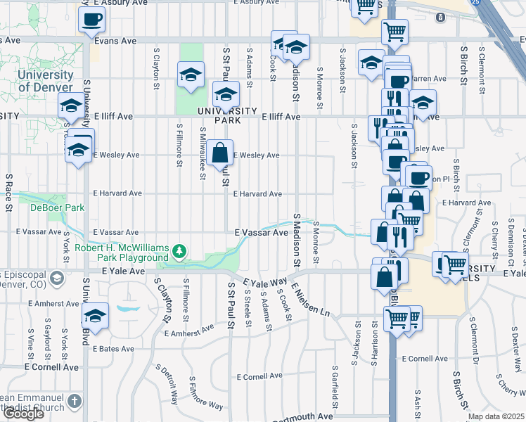 map of restaurants, bars, coffee shops, grocery stores, and more near 2535 South Adams Street in Denver