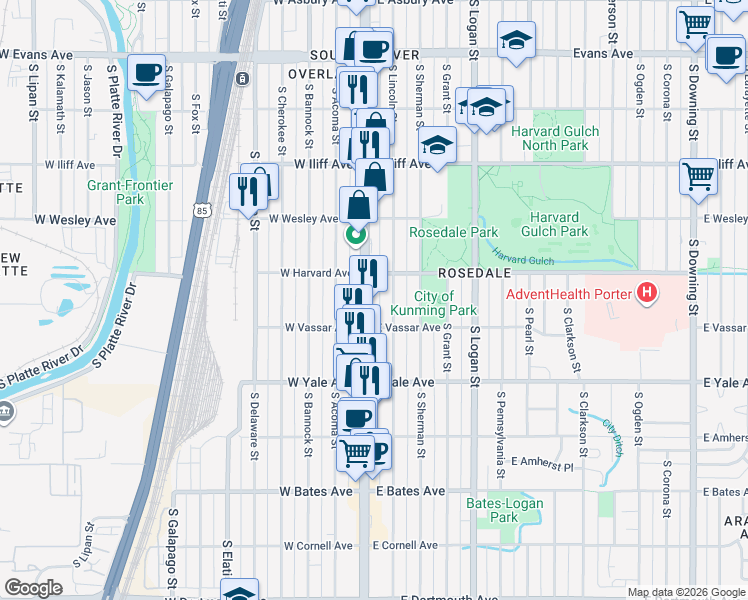 map of restaurants, bars, coffee shops, grocery stores, and more near 2543 South Lincoln Street in Denver