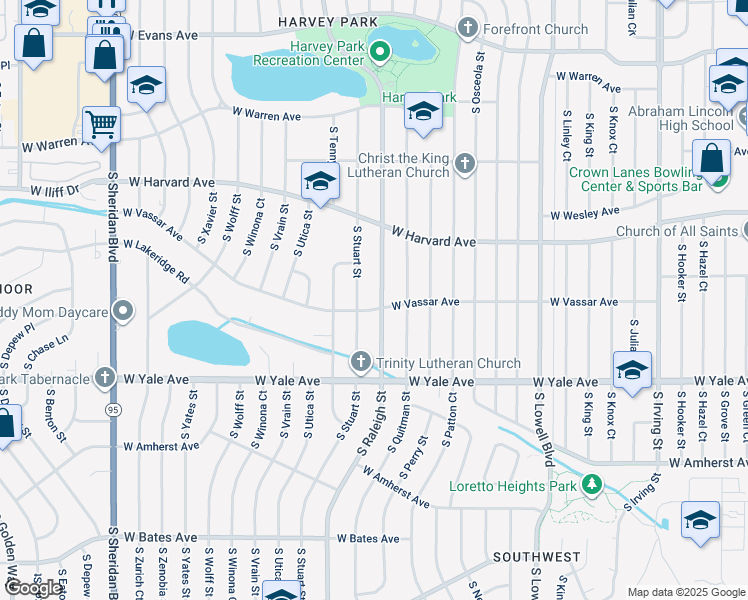 map of restaurants, bars, coffee shops, grocery stores, and more near 2591 South Raleigh Street in Denver